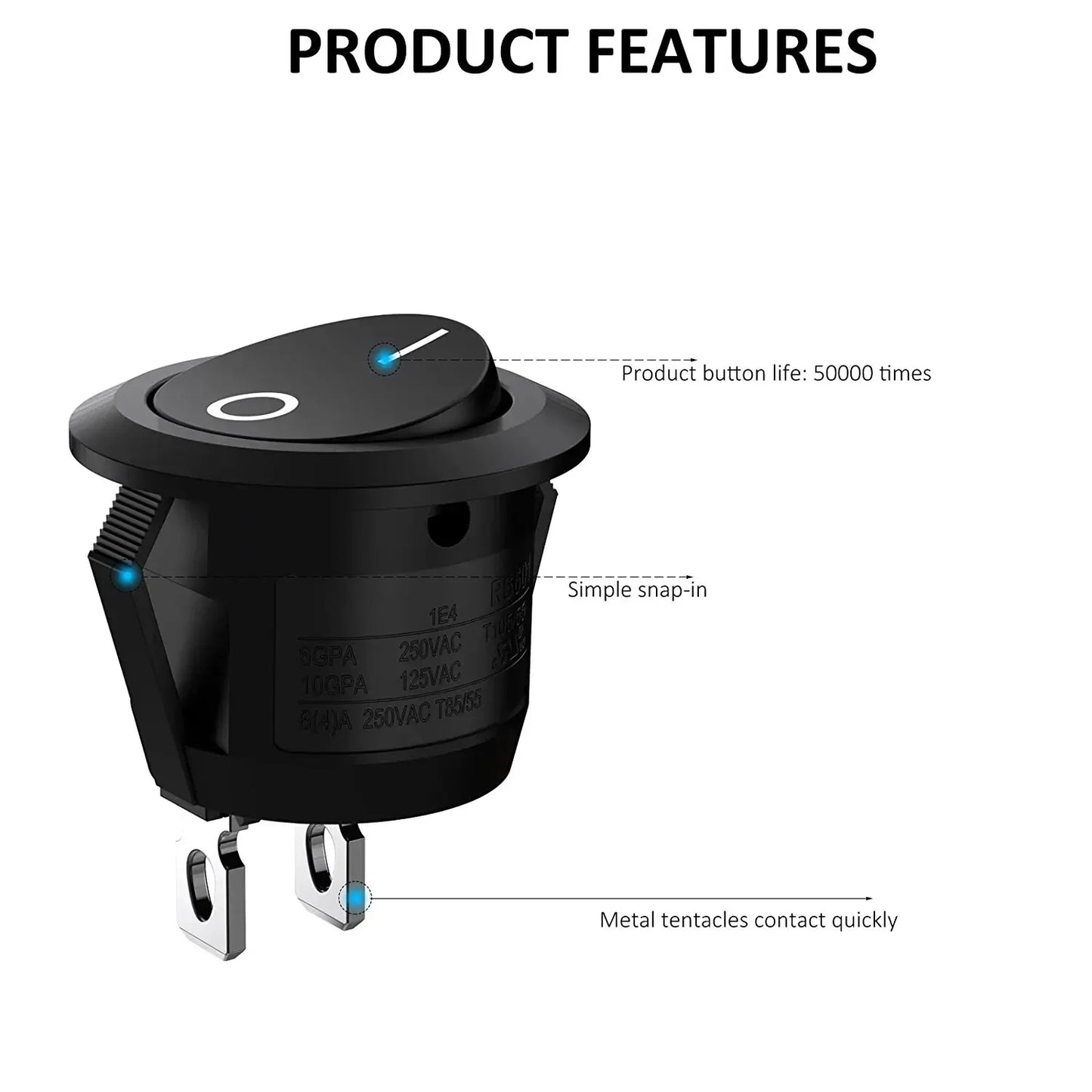 10Pcs SPST Snap-In On-Off 2 Pin round Snap Rocker Boat Switch Black AC 250V 6A 125V 10A for Household Appliances Replacement