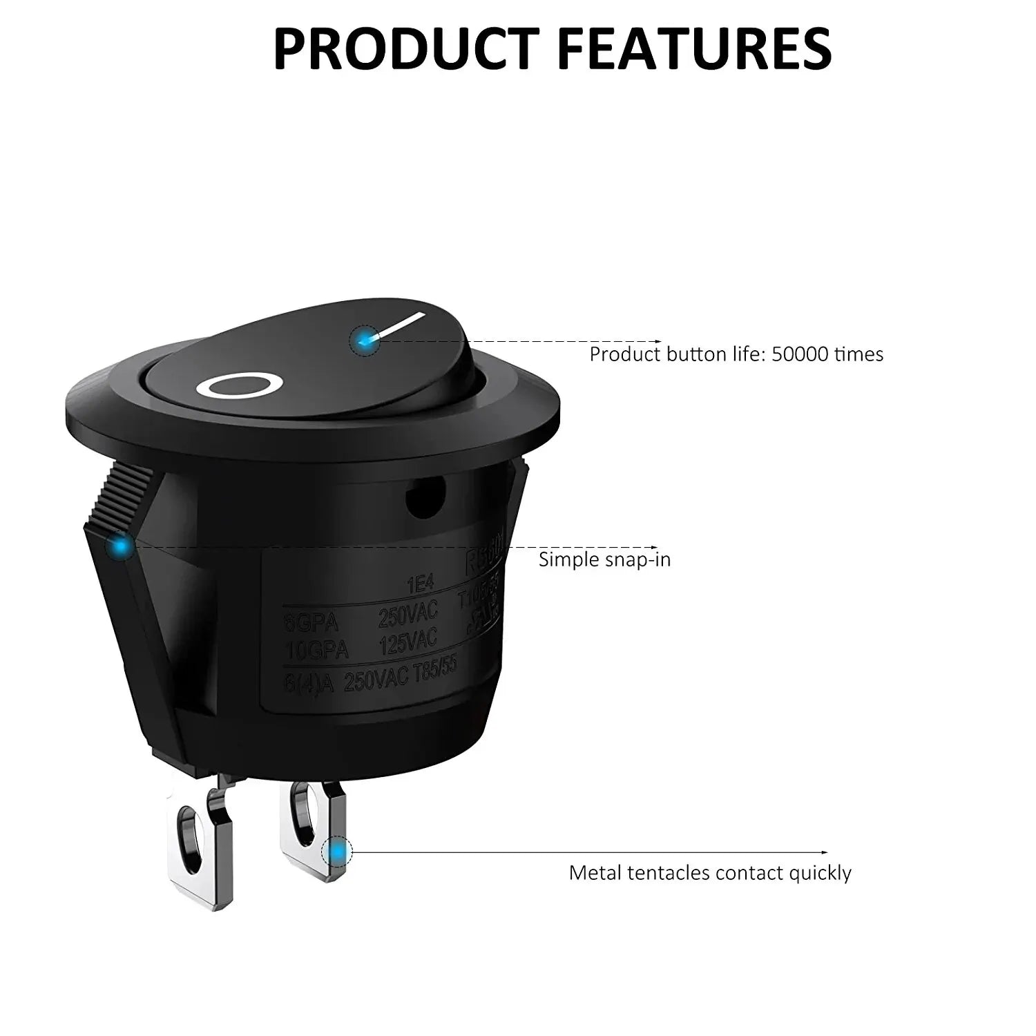 10Pcs SPST Snap-In On-Off 2 Pin round Snap Rocker Boat Switch Black AC 250V 6A 125V 10A for Household Appliances Replacement